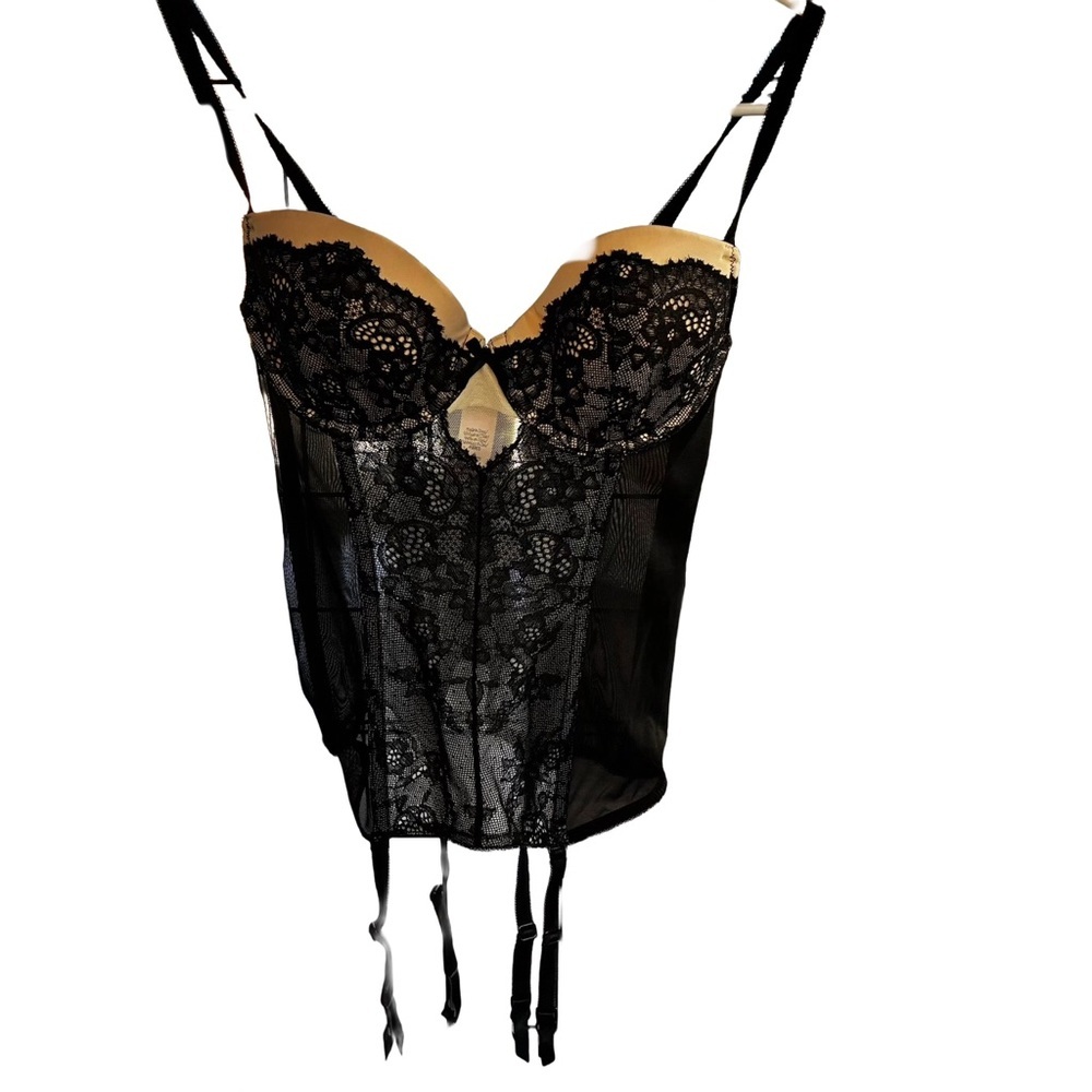 Victoria’s Secret Lace Mesh Bustier Corset Top Garter Y2K Black/Nude 34B